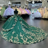 Exquisite Emerald Green Tulle Quinceanera Dress Strapless Ball Gown with 3D Floral Appliques & Bow Detail for Sweet 16